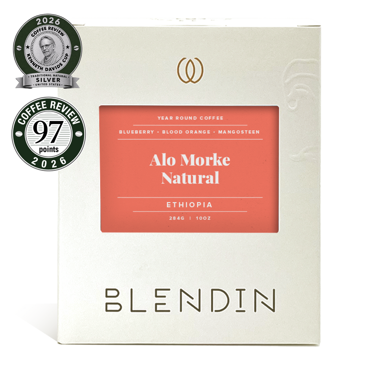 Alo Morke Natural box with Coffee Review 97 points and Kenneth Davids Cup Silver 2026 award badges