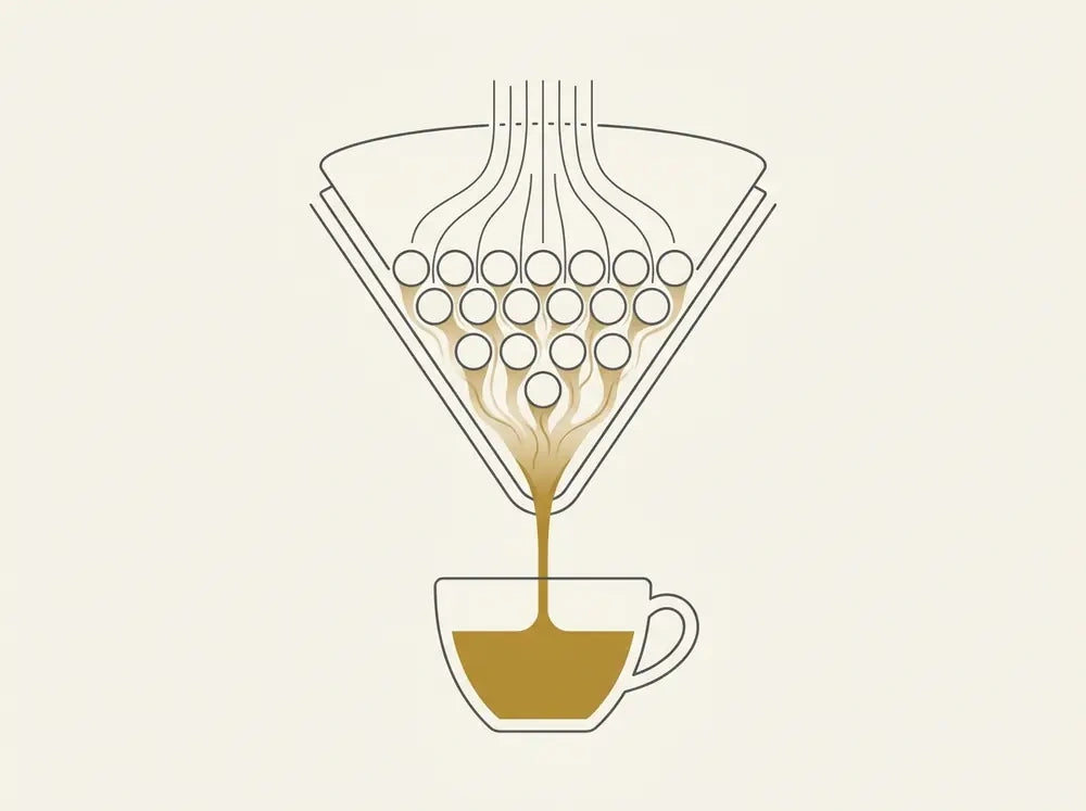 Cross-section of hot water dissolving flavor from coffee particles in a cone filter and dripping into a cup