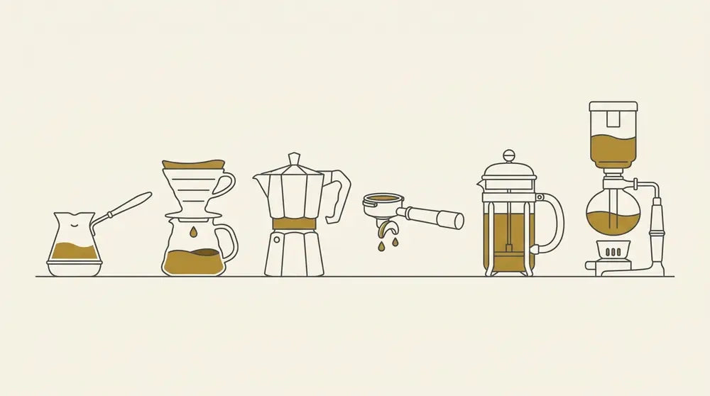 Ibrik, pour-over dripper, moka pot, espresso portafilter, French press, and syphon drawn in a row