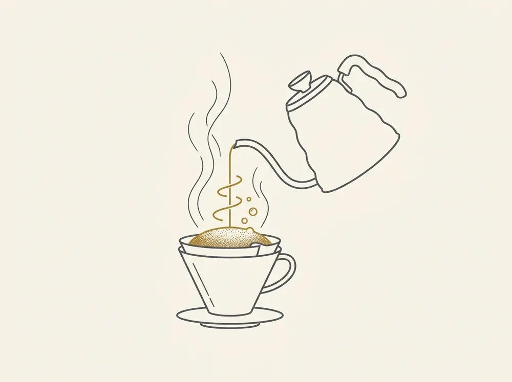 Kettle pouring a spiral of water onto blooming coffee grounds in a dripper