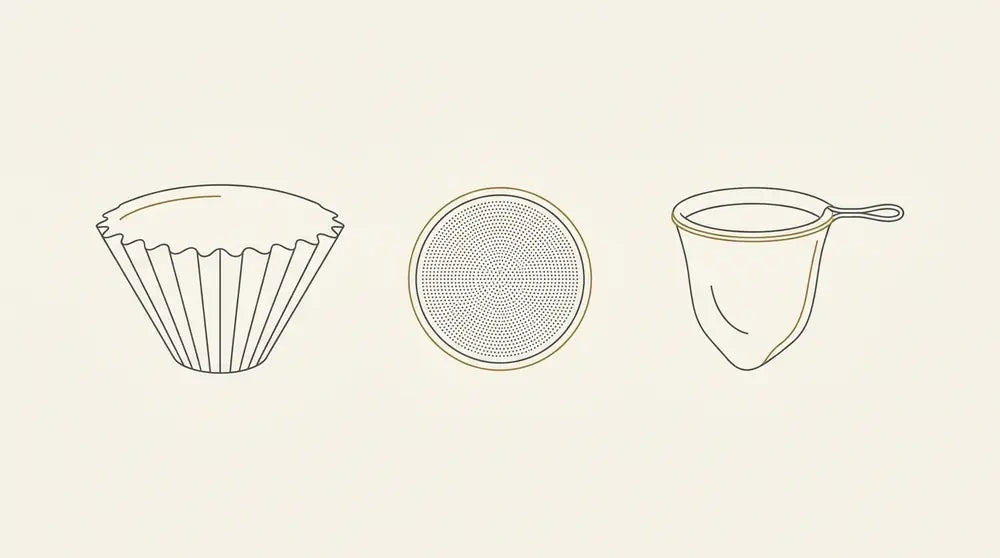 Paper cone filter, metal mesh filter, and cloth filter side by side