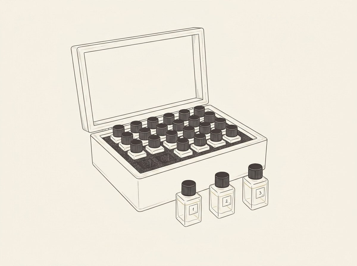 A kit of small aroma reference vials arranged in rows