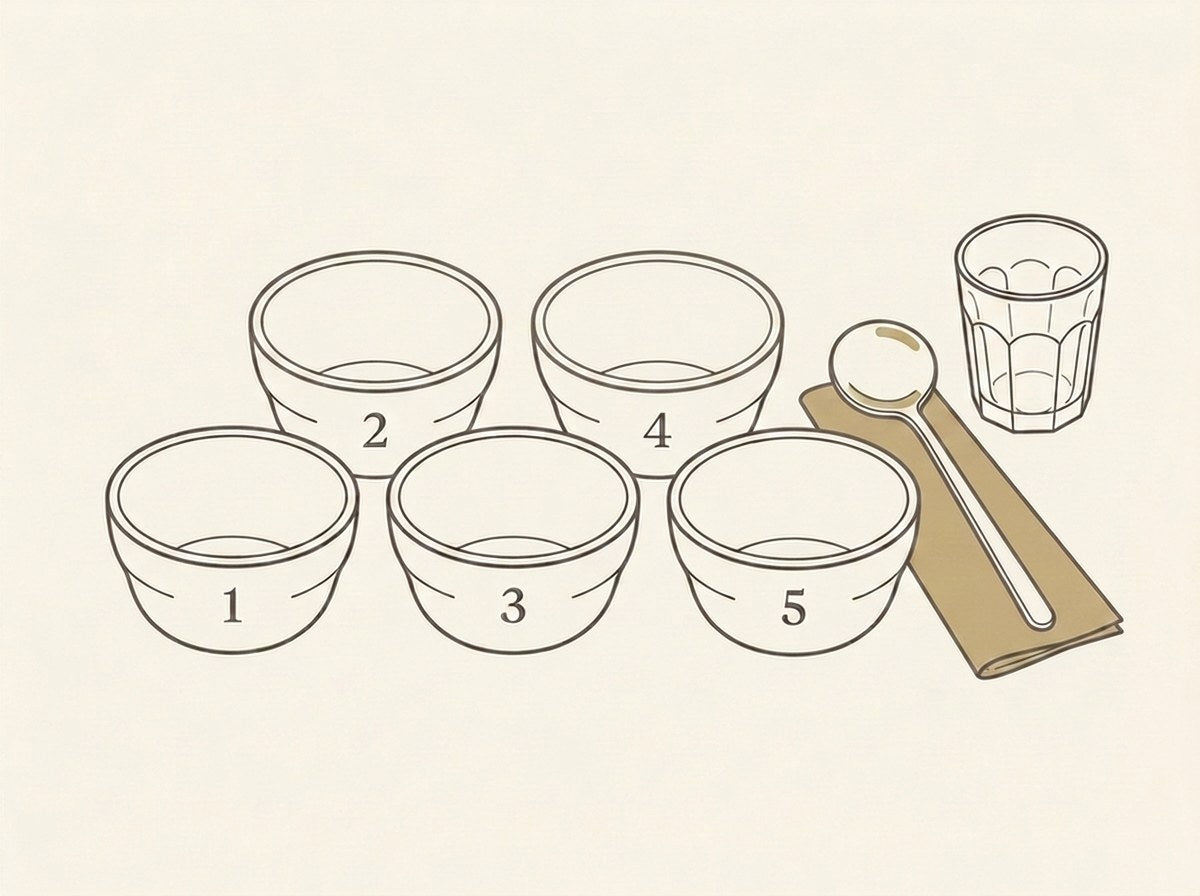 A five-cup cupping set with a cupping spoon and rinse glass on a table